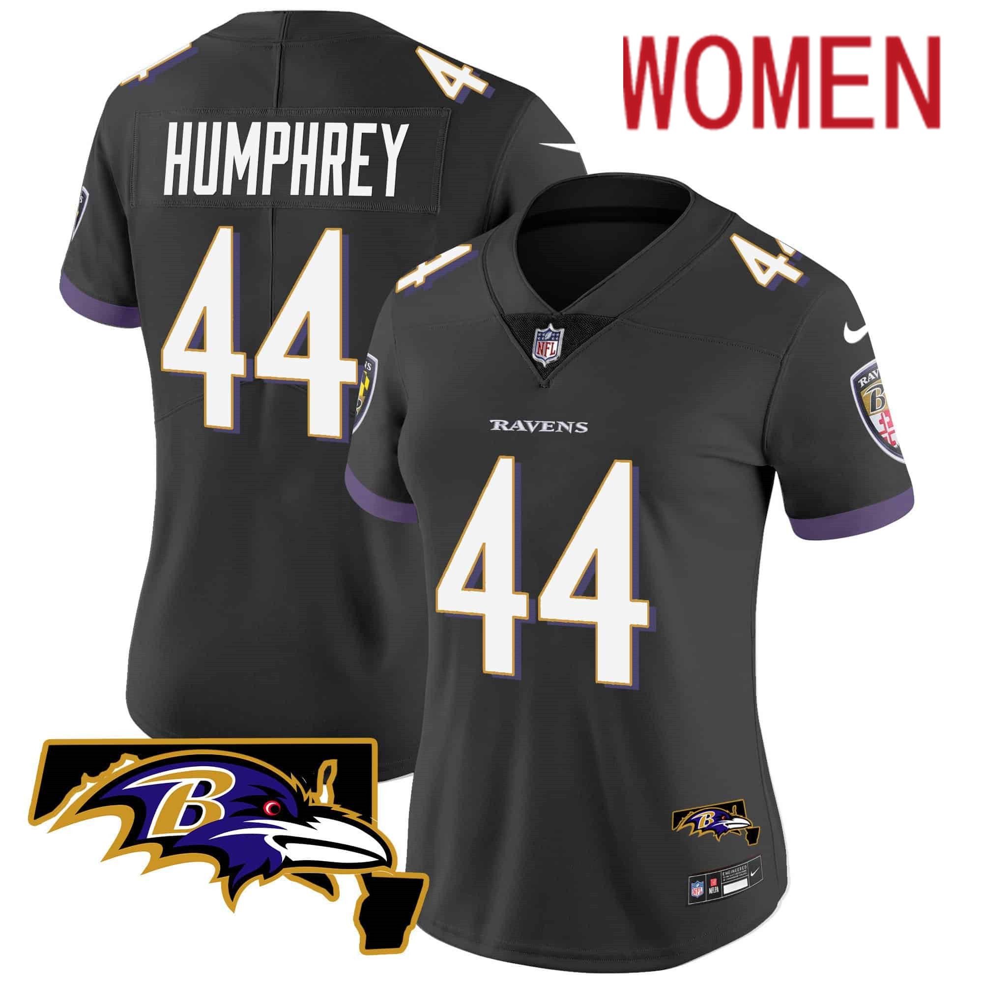 Women Baltimore Ravens #44 Humphrey Black 2024 Nike Maryland Patch Vapor Limited NFL Jersey style 1->women nfl jersey->Women Jersey